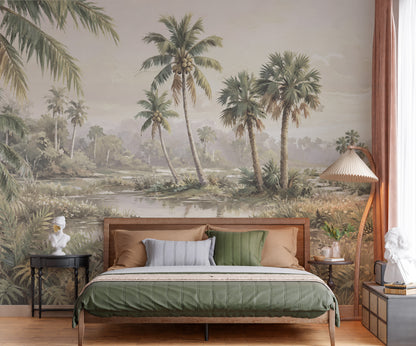 Misted Palms: Vintage Tropical Landscape Wallpaper