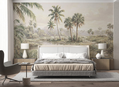 Misted Palms: Vintage Tropical Landscape Wallpaper