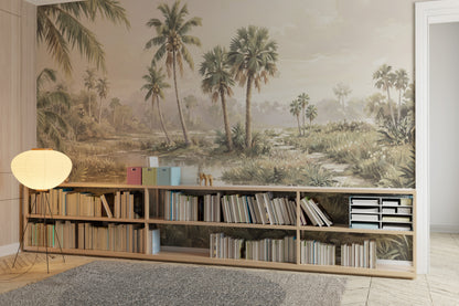 Misted Palms: Vintage Tropical Landscape Wallpaper