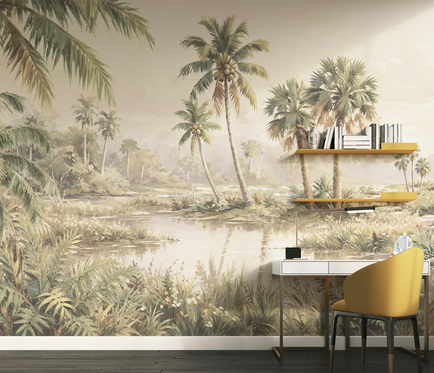 Misted Palms: Vintage Tropical Landscape Wallpaper