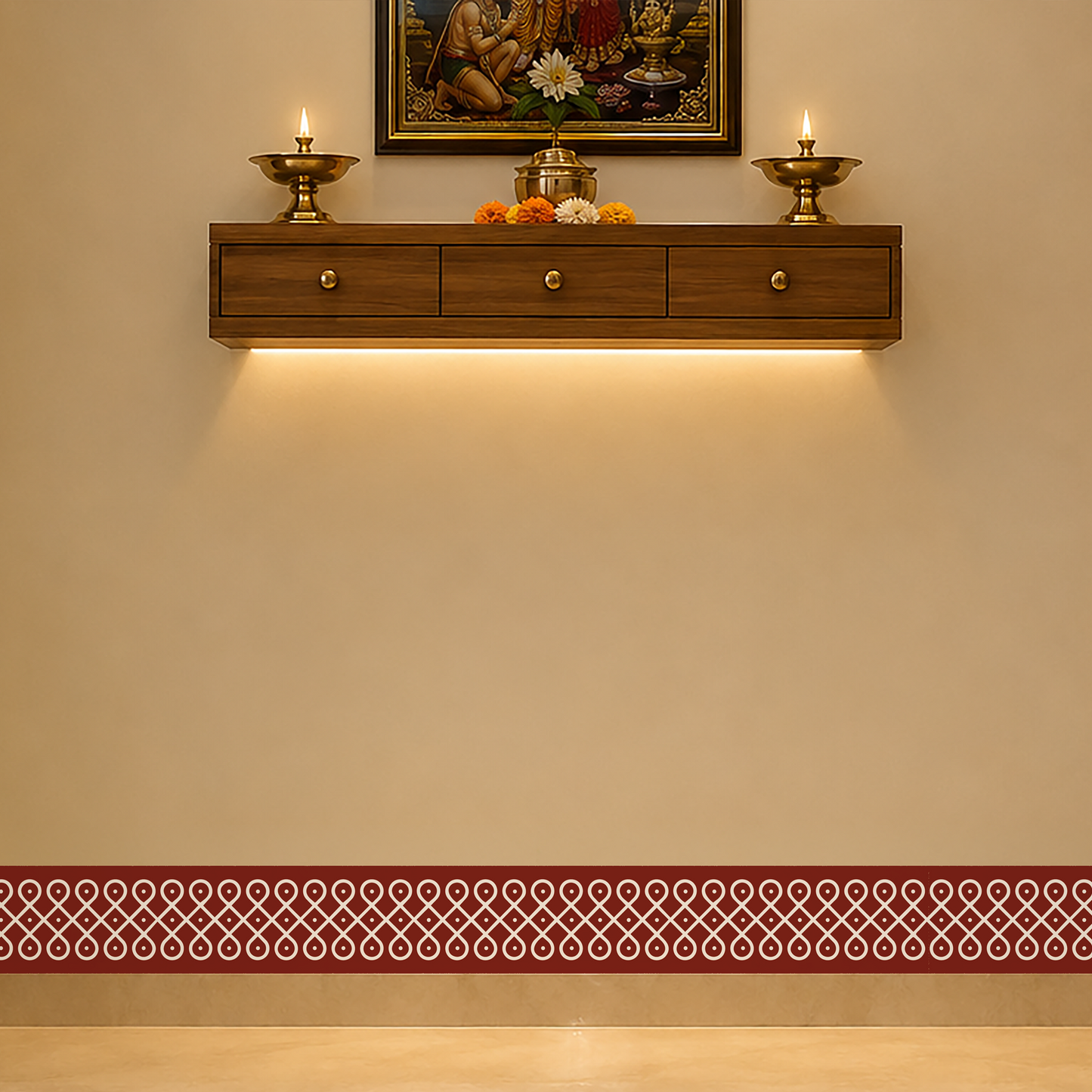 Sikku Kolam Border Band for Walls & Staircases | Traditional South Indian Peel & Stick Wall Border Decal | Air-Release Self-Adhesive Vinyl (48 x 5 Inches)